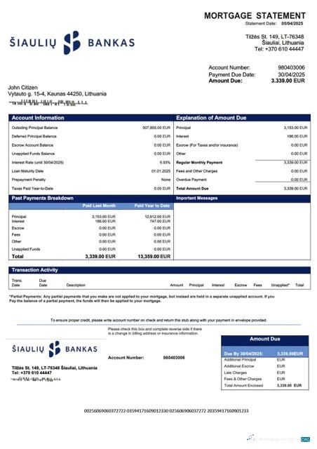 Download Lithuania AB Šiaulių bankas mortgage statement Word and PDF template Photoshop template